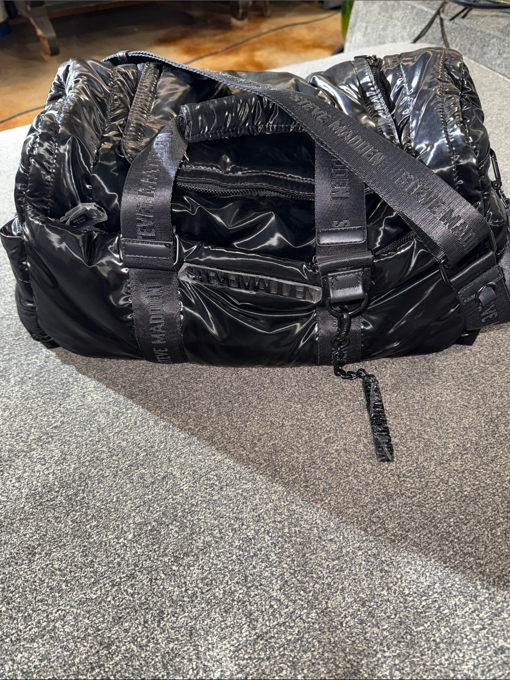 NWOT Steve Madden Black Quilted Shine Duffel Bag